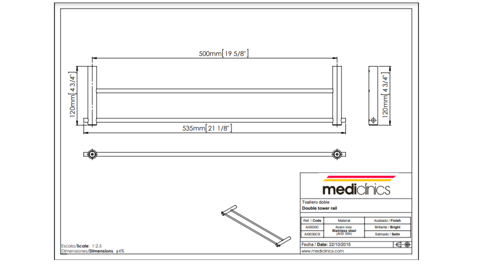 Mediclinics dupla törölközőtartó-535mm széles- fényes