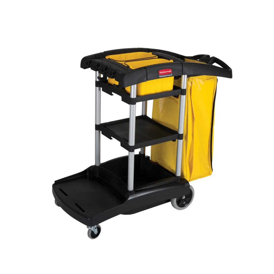 Rubbermaid nagy kapacitású takarító kocsi-polccal és zsákkal