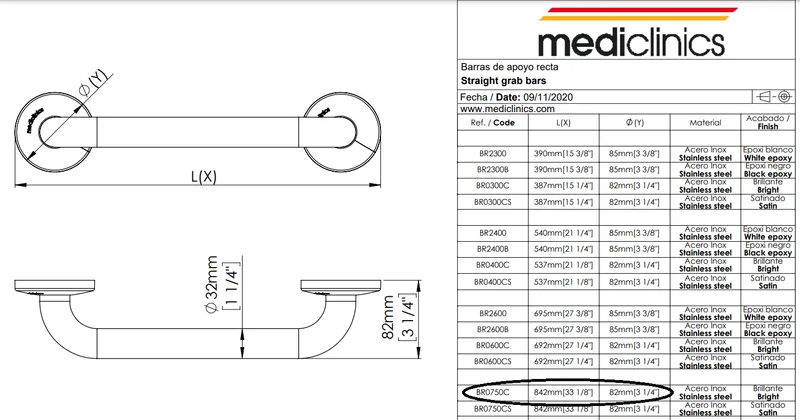 Mediclinics mozgássérült kapaszkodó-rozsdamentes acél - 842 mm- fényes