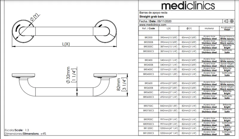 Mediclinics mozgássérült kapaszkodó-rozsdamentes acél - 1200 mm- szatén