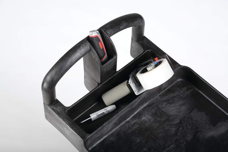 Rubbermaid kis méretű anyagmozgató és szerelő kocsi, tárolórekesszel és szerszámtartóval